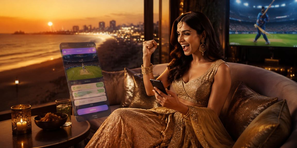 Woman in lehenga enjoying cricket betting in Chennai atmosphere