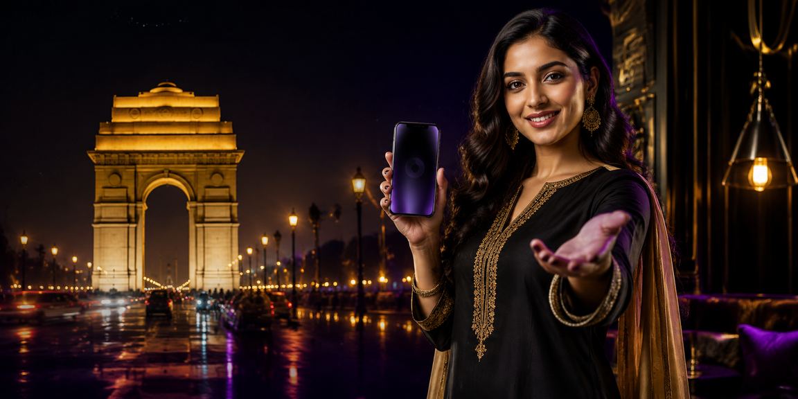 Woman using mobile phone to make deposit for Teen Patti gaming near India Gate Delhi