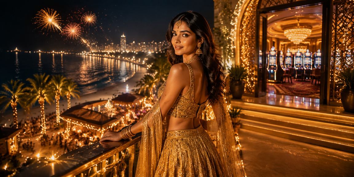 Woman in colorful lehenga playing casino games on mobile in Goa setting