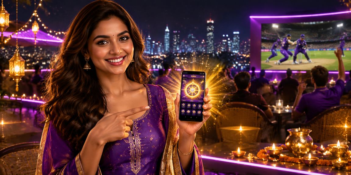 Indian woman playing cricket-themed slots game on mobile phone