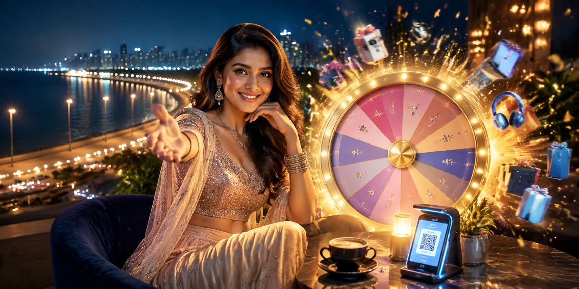 Mumbai Marine Drive illuminated at night with roulette and Bollywood theme