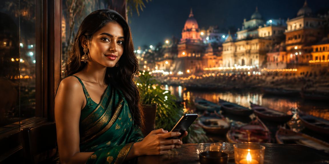 Woman in saree making mobile payment at Varanasi Ghat